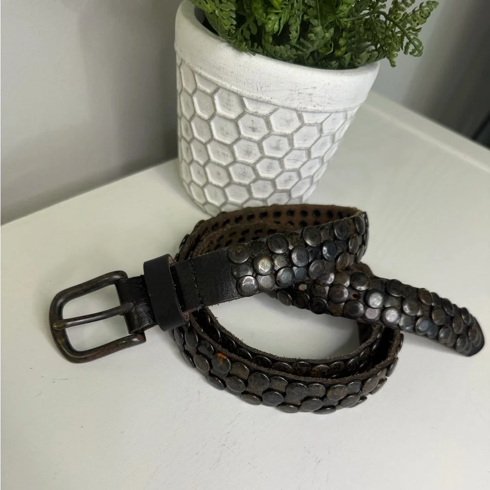 Cowboysbelt Skinny Studded Vintage Brown Leather Rocker Western Studded Belt 43”